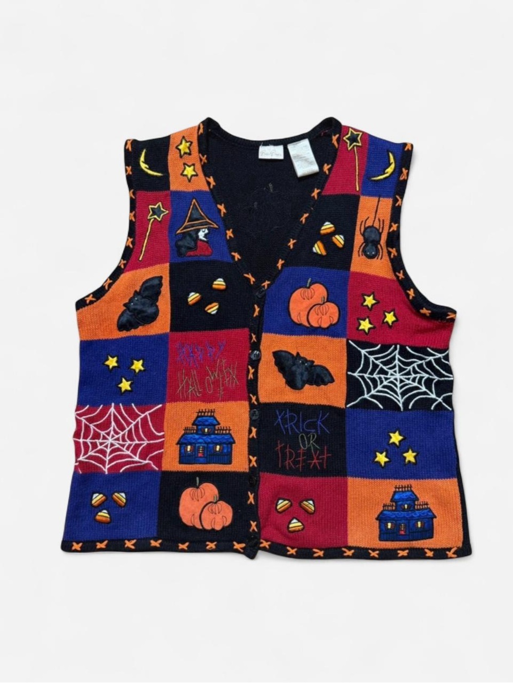 Vintage 90s Bobbie Brooks Halloween Patchwork Sweater Vest Black Orange Purple